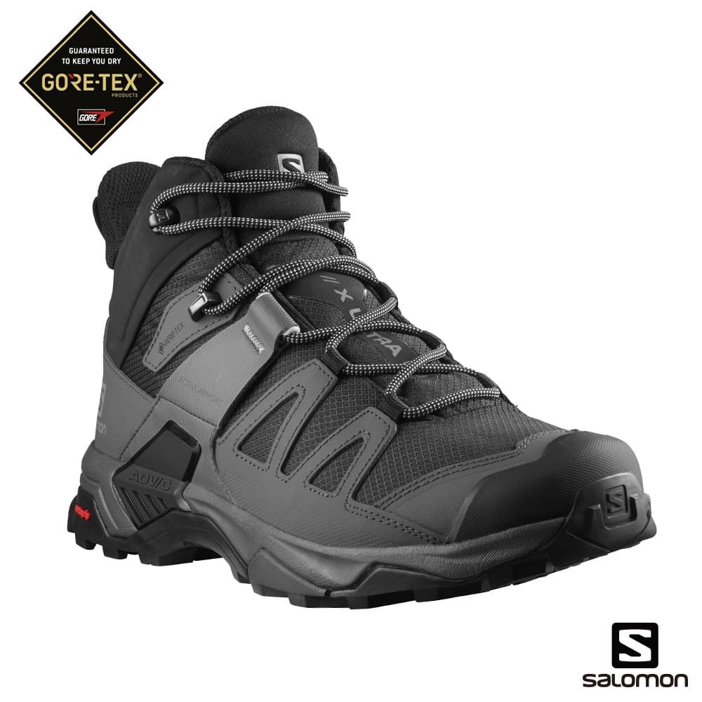 Salomon 男 X ULTRA 4 寬楦 Goretex 中筒登山鞋 L41294600 黑/灰/珍珠藍 健行鞋