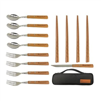 Forest Outdoor 櫸家4人餐具組 304不鏽鋼餐具13件組 含透氣網袋 獨家櫸木柄 餐具