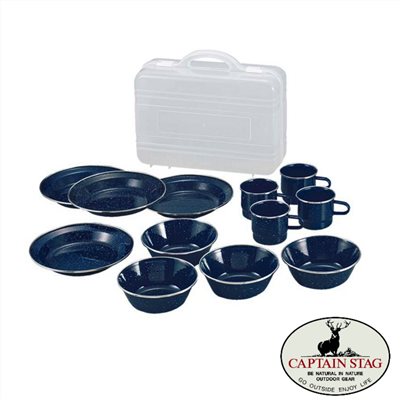 CAPTAIN STAG 鹿牌 小家庭琺瑯食器組附收納箱 M-1078 餐具組 四人用組 露營餐具