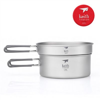 鎧斯 Keith Ti6017 純鈦折疊環保餐具套鍋組附收納袋 800ml+1250ml 兩入組 折疊把手 鈦鍋
