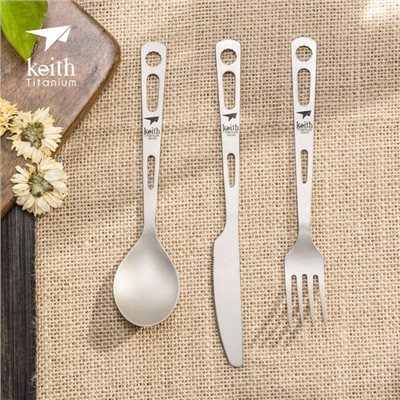 鎧斯 Keith Ti5310 純鈦刀叉湯匙 三件餐具組 18cm 附攜出袋 鈦餐具