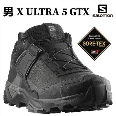 Salomon 男 X ULTRA 5 GTX 低筒登山鞋 寬楦 黑/瀝灰/堡岩灰 L47727400 健走鞋
