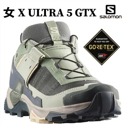 Salomon 女 X ULTRA 5 GTX 低筒登山鞋 海草綠/亂流灰/嫩桃粉 L47726300 健走鞋