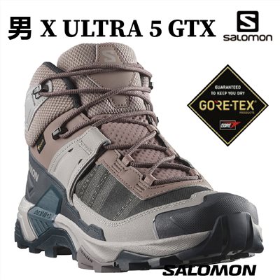 Salomon 男 X ULTRA 5 GTX 中筒登山鞋 灰/藍/灰 L47854800 健走鞋